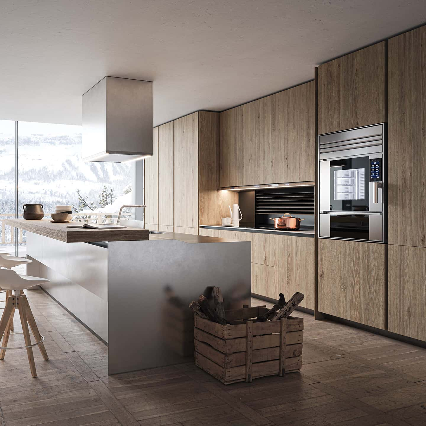 Minimalist kitchen with Unox Casa's smart oven in a mountain chalet in Cortina D'Ampezzo